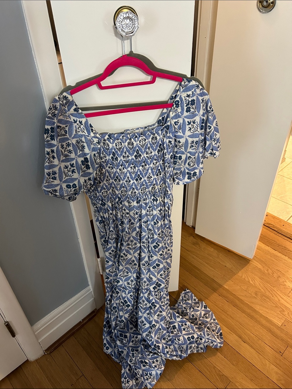 Pink City Prints Smocked Blue Floral Midi Dress with Puff Sleeves